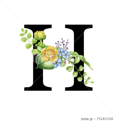 Floral spring alphabet. Capital letter H. Font element with spring garden flower bouquets composition. Flower letter. Wedding invitations, baby shower, birthday, other ideas. On white background 75261530