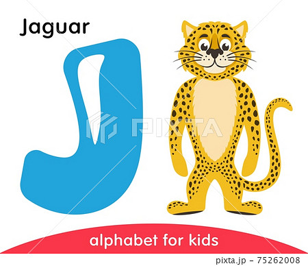 Blue letter J and yellow Jaguar. English alphabet with animals. Cartoon characters isolated on white background. Flat design. Zoo theme. Colorful vector illustration for kids. Blue letter J and yellow Jaguar. English alphabet with animals. Cartoon characters isolated on white background. Flat design. Zoo theme. Colorful vector illustration for kids. 75262008