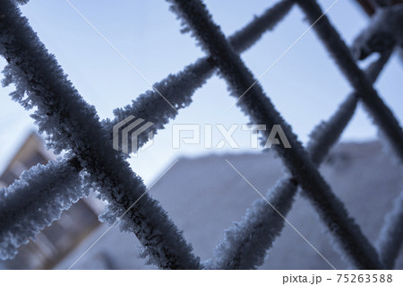 metal wire door are covered with frost - freezes icy with snowflakes metal wire door are covered with frost - freezes icy with snowflakes 75263588