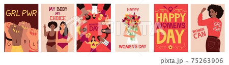 Feminist poster. Cartoon banners with strong independent girls. International Women's Day of feminism and solidarity. Social movement for equal rights. Vector holiday greeting cards set 75263906