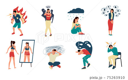 Mental disorder. Psychological illness and medical problem. Upset men or women feel anxious. Character thinking about suicide. Vector people with fears, panic attacks and traumas set Mental disorder. Psychological illness and medical problem. Upset men or women feel anxious. Character thinking about suicide. Vector people with fears, panic attacks and traumas set 75263910