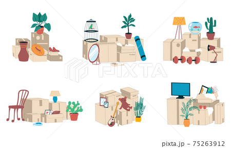 Moving boxes. Stacks and piles of cardboard parcels and packed stuff for relocating to new apartment. Shipping service or cargo transportation. Family removal. Vector packaging set 75263912
