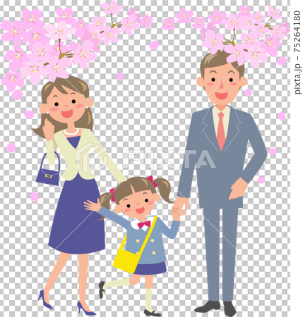 幼稚園の入園式に行く父母と女の子 75264180