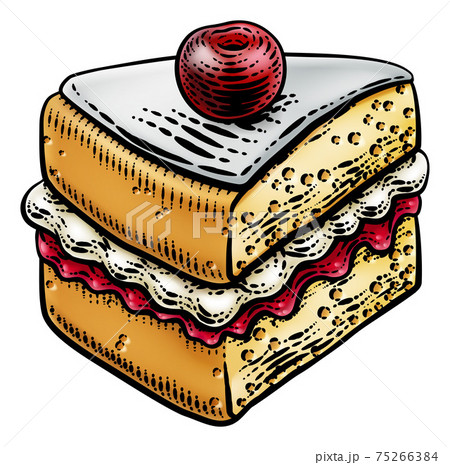 Cake Sponge Slice Jam Cream Woodcut Drawing 75266384