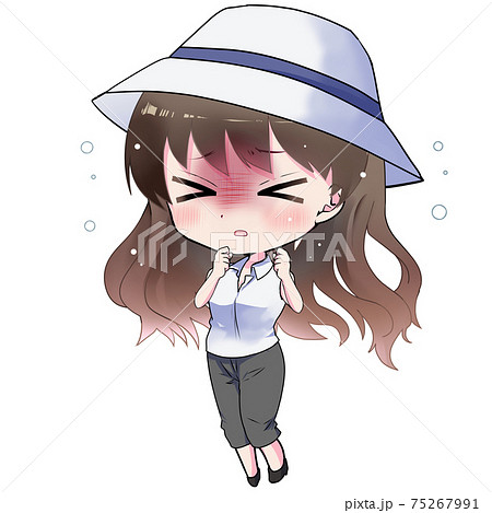 イラスト素材 汗をかいて熱中症気味の女性全身のイラスト素材
