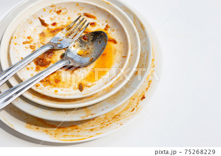 Dirty dishes on white background. Top view 75268229