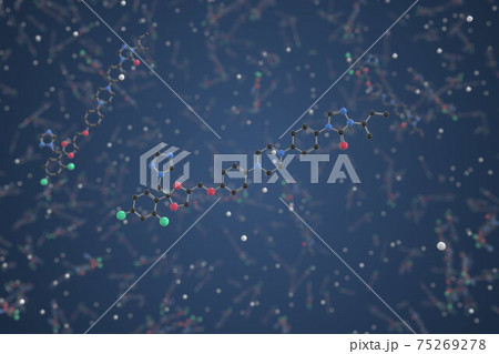 Itraconazole molecule. Ball-and-stick molecular model. Chemistry related 3d rendering 75269278