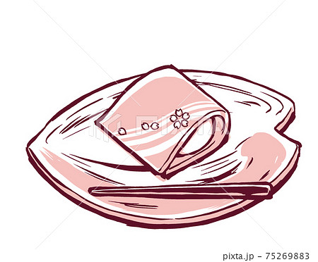 桜の花びら型の取り皿の上の花筏をモチーフにしたこなしと朱塗りの菓子楊枝 筆描き・2色塗り 桜の花びら型の取り皿の上の花筏をモチーフにしたこなしと朱塗りの菓子楊枝 筆描き・2色塗り 75269883