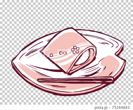 桜の花びら型の取り皿の上の花筏をモチーフにしたこなしと朱塗りの菓子楊枝 筆描き・2色塗り 桜の花びら型の取り皿の上の花筏をモチーフにしたこなしと朱塗りの菓子楊枝 筆描き・2色塗り 75269883