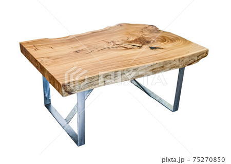 Live edge elm slab coffee table with metal base on white background Live edge elm slab coffee table with metal base on white background 75270850