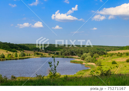 Summer landscape with beautiful lake, green meadows, hills, trees and blue sky 75271167