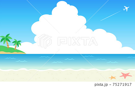 海と入道雲と椰子の木と飛行機雲のビーチベクターイラスト背景 風景のイラスト素材