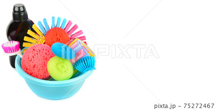 cleaning items isolated on white background. Wide photo. Free space for text. 75272467
