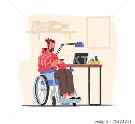 Handicapped Male Character on Wheelchair at Home Looking on Screen of Smartphone Writing Message or Watch Video on Phone 75273613
