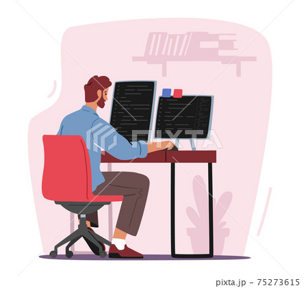 Website Programming Concept. Programmer or Designer Male Character Working on Computer and Tablet Pc Coding Website Programming Concept. Programmer or Designer Male Character Working on Computer and Tablet Pc Coding 75273615