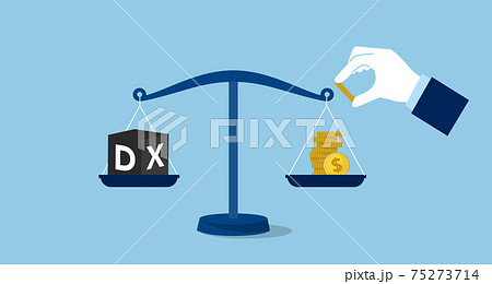 DX投資のイラストイメージ、天秤にお金を載せる手、ベクター素材 75273714