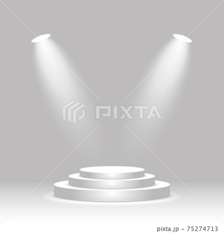 Round podium illuminated by two spotlights. Empty winner stage, award ceremony pedestal, product exhibition platform. Vector realistic illustration 75274713