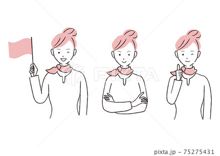 手描き1color  イラスト キャビンアテンダント旗振りと悩む 添乗員 女性 全身 手描き1color  イラスト キャビンアテンダント旗振りと悩む 添乗員 女性 全身 75275431