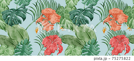トロピカル南国風植物連続背景パターンのイラスト素材 トロピカル南国風植物連続背景パターンのイラスト素材