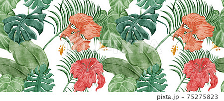 トロピカル南国風植物連続背景パターンのイラスト素材 トロピカル南国風植物連続背景パターンのイラスト素材