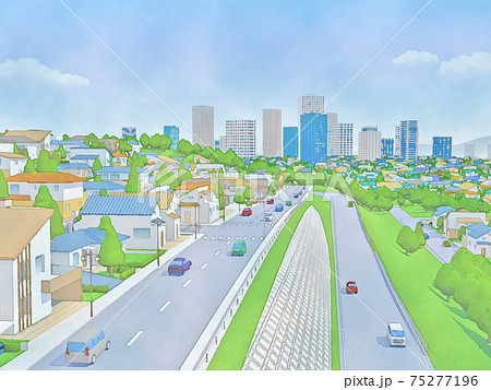 住宅街と路　水彩画風　手描き風イラスト 75277196