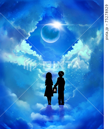 不思議な門の向こうに天界へ続く雲でできた階段と迷い込んだ兄弟の切り絵風イラスト 75278929