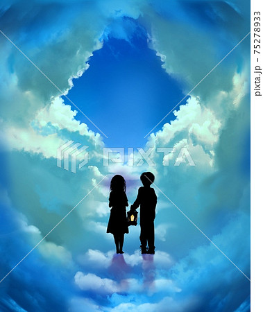 不思議な門の向こうに天界へ続く雲でできた階段と迷い込んだ兄弟の切り絵風イラストのイラスト素材