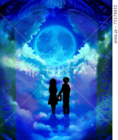 不思議な門の向こうに天界へ続く雲でできた階段と迷い込んだ兄弟の切り絵風イラスト 不思議な門の向こうに天界へ続く雲でできた階段と迷い込んだ兄弟の切り絵風イラスト 75278935