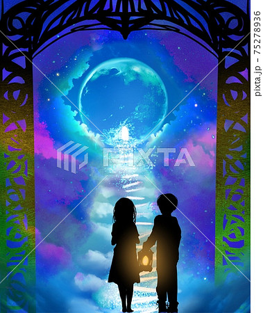 不思議な門の向こうに天界へ続く雲でできた階段と迷い込んだ兄弟の切り絵風イラスト 75278936