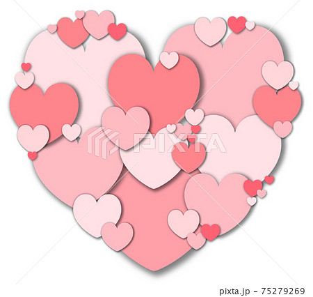 母の日素材 大小のパステル赤色ハートが集まって形作られたクラフトっぽいハート 白バック 他色有り 75279269
