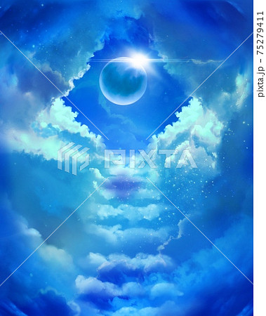 天界へ続く雲の階段と青空に光り輝く太陽光と惑星のイラスト素材 天界へ続く雲の階段と青空に光り輝く太陽光と惑星のイラスト素材