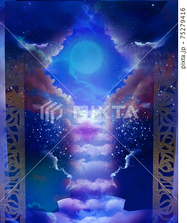 天界へ続く雲の階段と青空に光り輝く太陽光と惑星 75279416