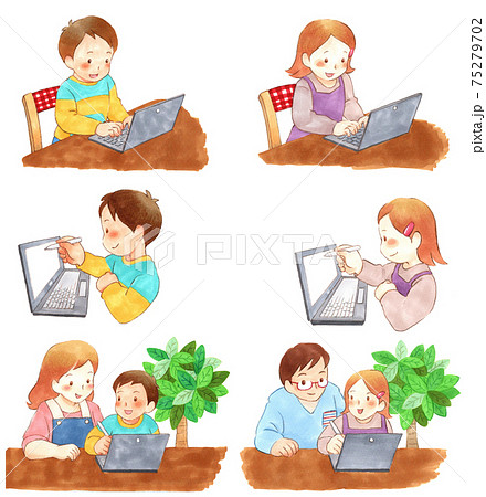 小学生のオンライン学習イラストセットのイラスト素材