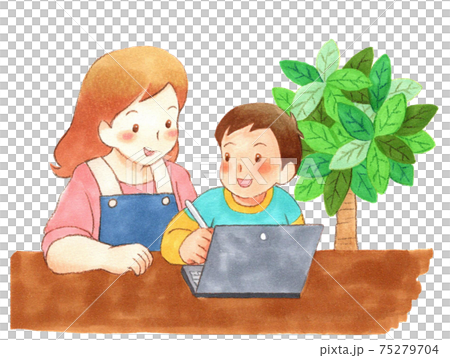 ノートパソコンで勉強する親子(母と男の子) ノートパソコンで勉強する親子(母と男の子) 75279704
