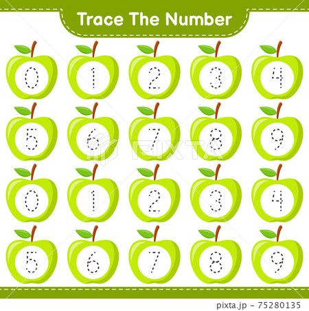 Trace the number. Tracing number with Apple. Educational children game, printable worksheet, vector illustration 75280135