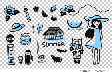 懐かしい 夏のゆるい線のイラスト(ブルー) 75280488