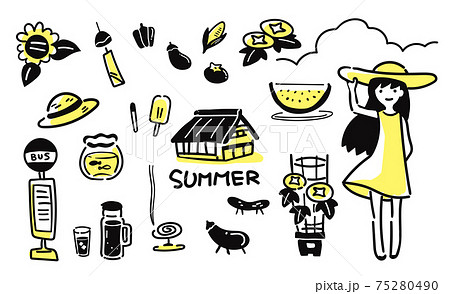 懐かしい 夏のゆるい線のイラスト イエロー のイラスト素材