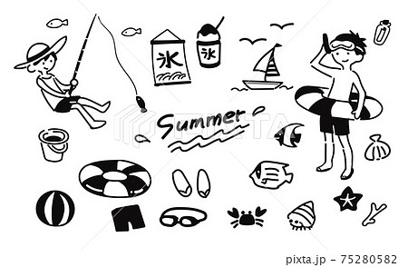 海や川で遊ぶ ゆるい夏のイラストのイラスト素材