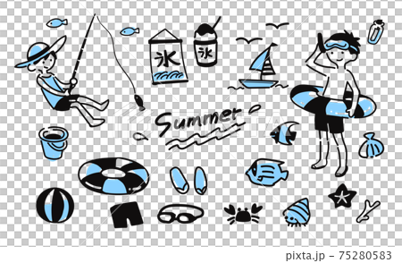 海や川で遊ぶ ゆるい夏のイラスト ブルー のイラスト素材