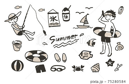 海や川で遊ぶ ゆるい夏のイラスト セピア のイラスト素材
