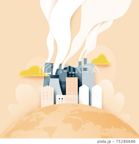 Paper art of the earth with smoke and air pollution from city and factory industry building.Stop global warming concept. 75280686