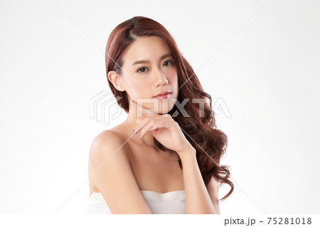 Beautiful young asian woman with clean fresh skin on white background, Face care, Facial treatment, 75281018