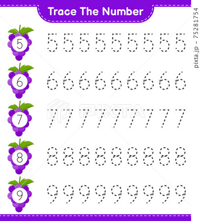 Trace the number. Tracing number with Grape. Educational children game, printable worksheet, vector illustration 75281754