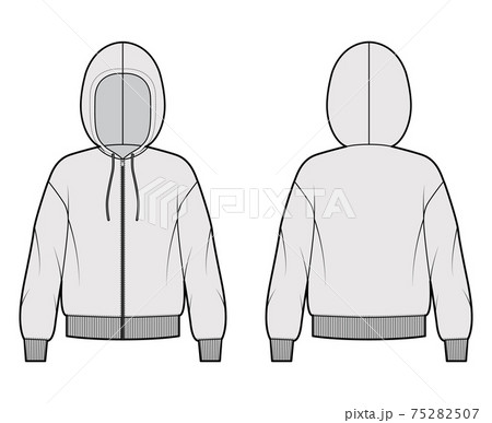 Zip-up Hoody sweatshirt technical fashion illustration with long sleeves, oversized body, knit rib cuff, banded hem Zip-up Hoody sweatshirt technical fashion illustration with long sleeves, oversized body, knit rib cuff, banded hem 75282507