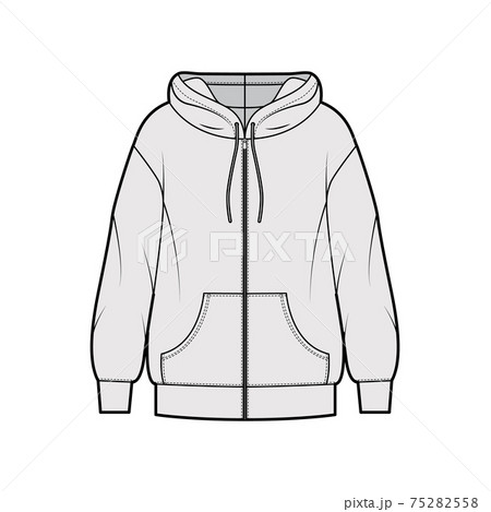 Zip-up Hoody sweatshirt technical fashion illustration with long sleeves, oversized body, kangaroo pouch, banded hem. Zip-up Hoody sweatshirt technical fashion illustration with long sleeves, oversized body, kangaroo pouch, banded hem. 75282558