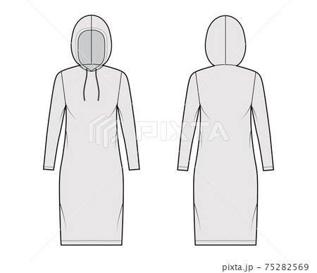 Hoody dress technical fashion illustration with long sleeves, knee length, oversized body, Pencil fullness. Flat sweater 75282569