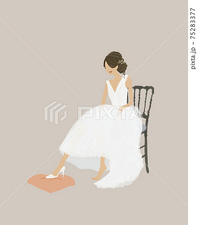 椅子に座ってウエディングシューズを履く花嫁 ヒール 靴 ドレス 女性 ブライダル 衣装合わせ 試着 のイラスト素材