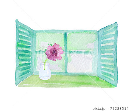 開いた窓とアネモネの花の飾られた花瓶の水彩イラストのイラスト素材
