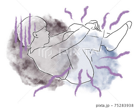 ショックで膝を抱えて丸くなる女性の水彩手描き白背景イラストのイラスト素材 ショックで膝を抱えて丸くなる女性の水彩手描き白背景イラストのイラスト素材
