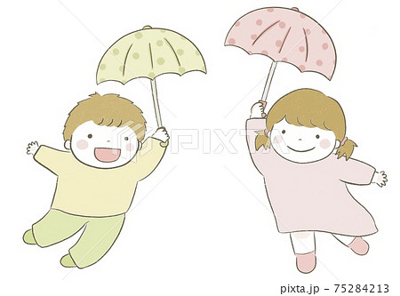 水玉模様の傘を持って飛ぶ笑顔の男の子と女の子のイラスト素材